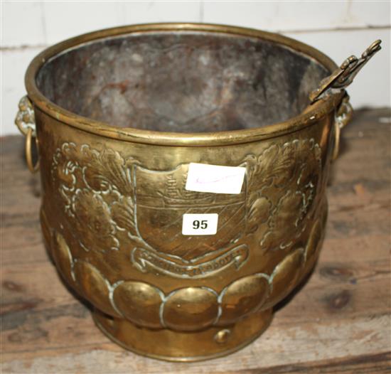 Brass coal scuttle and toasting fork